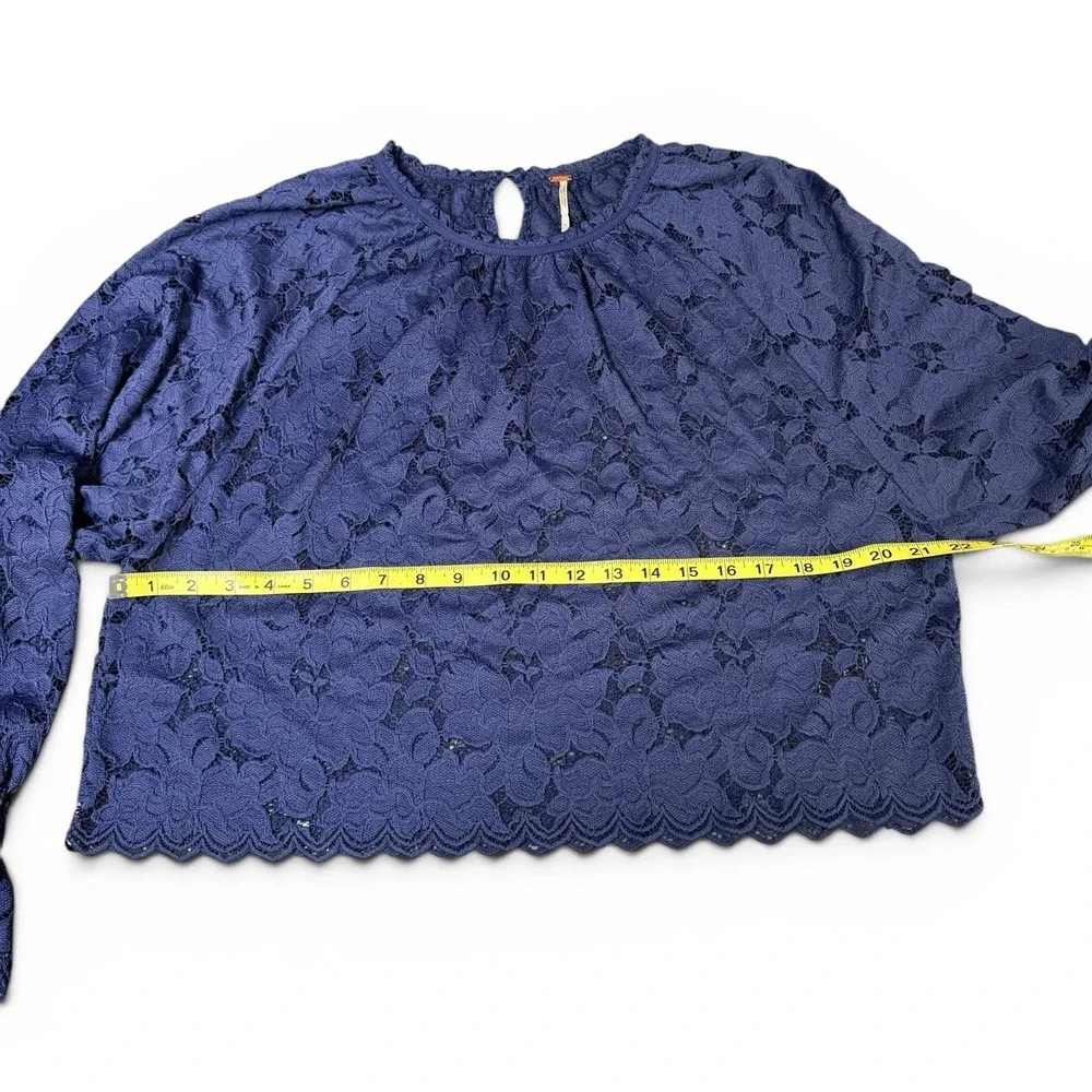 Free People Blouse Women S Navy Blue Lace Long Sleeve Smocked Cuff Scalloped Hem